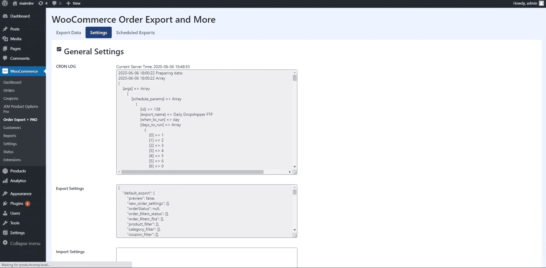 WooCommerce Order Export dashboard